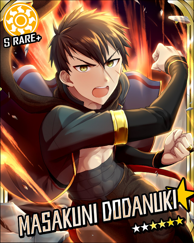 1boy, abs, black_hair, card_(medium), character_name, cinderella_girls_card_parody, clenched_hands, doudanuki_masakuni, hako_(pixiv267059), idolmaster, idolmaster_cinderella_girls, male_focus, open_clothes, open_mouth, sarashi, scar, scarf, solo, touken_ranbu, yellow_eyes