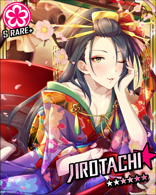 1boy, black_hair, bow, card_(medium), character_name, cherry_blossoms, cinderella_girls_card_parody, hair_bow