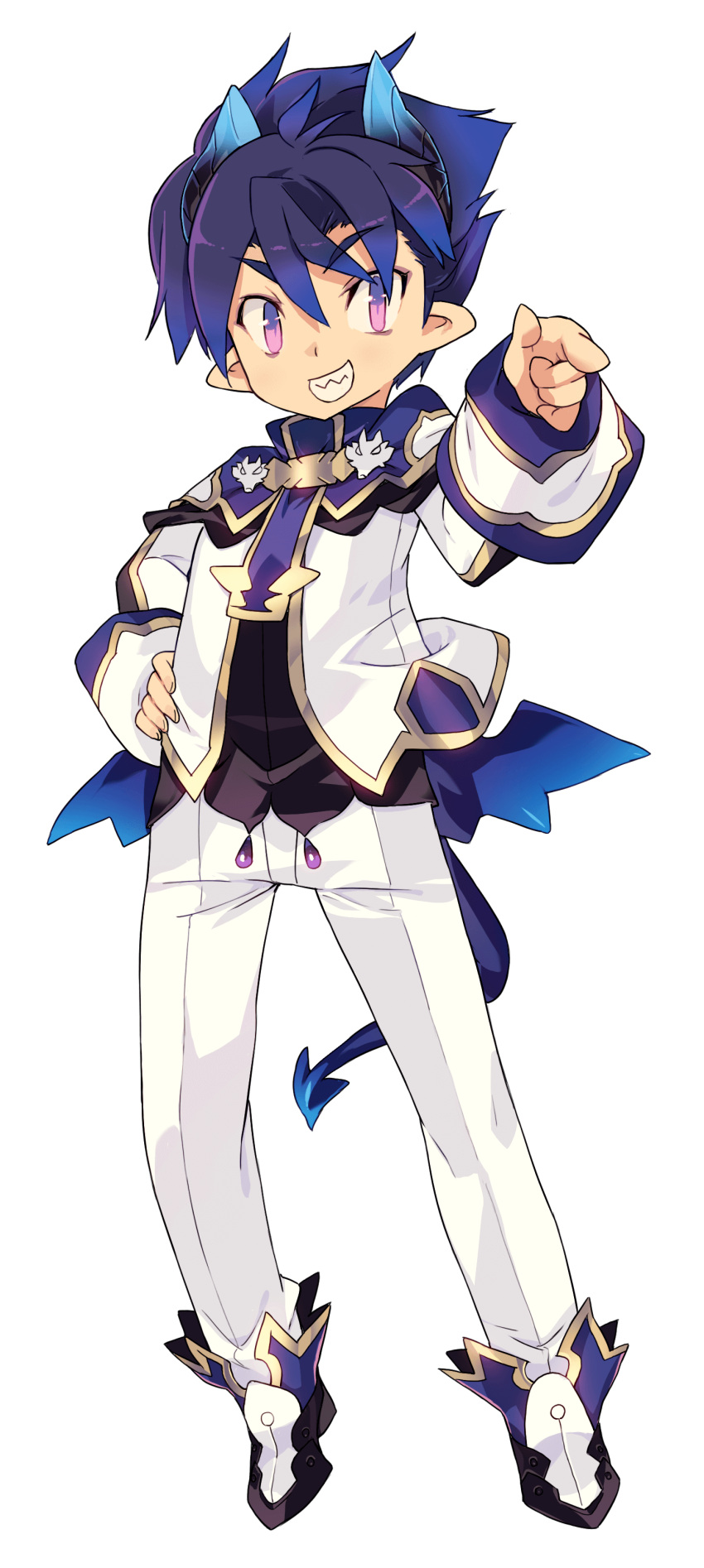 1boy, absurdres, blue_hair, blush, demon_boy, demon_tail, demon_wings, grin
