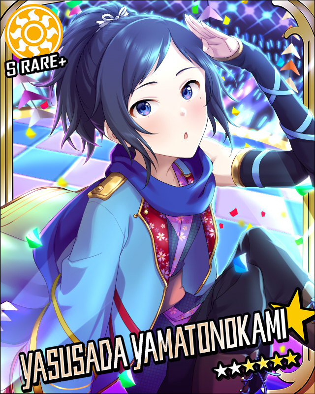 1boy, black_hair, blue_eyes, boots, card_(medium), character_name, cinderella_girls_card_parody, confetti