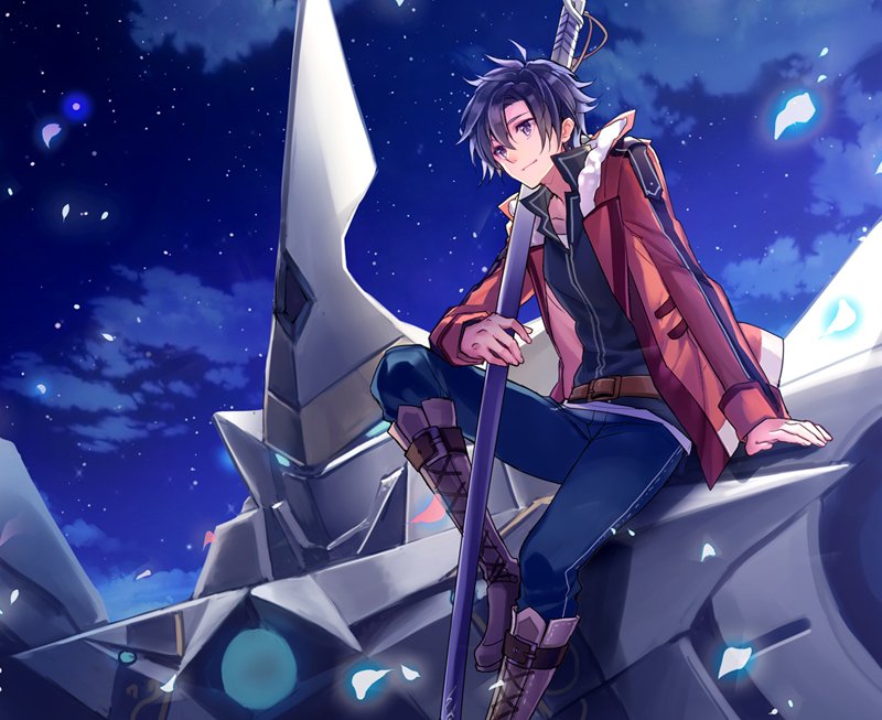 1boy, achan_(blue_semi), black_hair, black_pants, clouds, coat, eiyuu_densetsu, holding, holding_sword, holding_weapon, katana, mecha, night, night_sky, open_clothes, open_coat, pants, petals, rean_schwartzer, scabbard, sen_no_kiseki, sen_no_kiseki_2, sheath, sheathed, short_hair, sitting, sitting_on_object, sky, spoilers, star_(sky), sword, valimar, violet_eyes, weapon