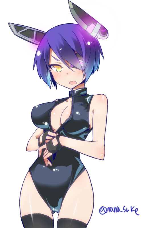 1girl, black_legwear, breasts, cleavage, cleavage_cutout, eyepatch, fingerless_gloves, front_zipper_swimsuit