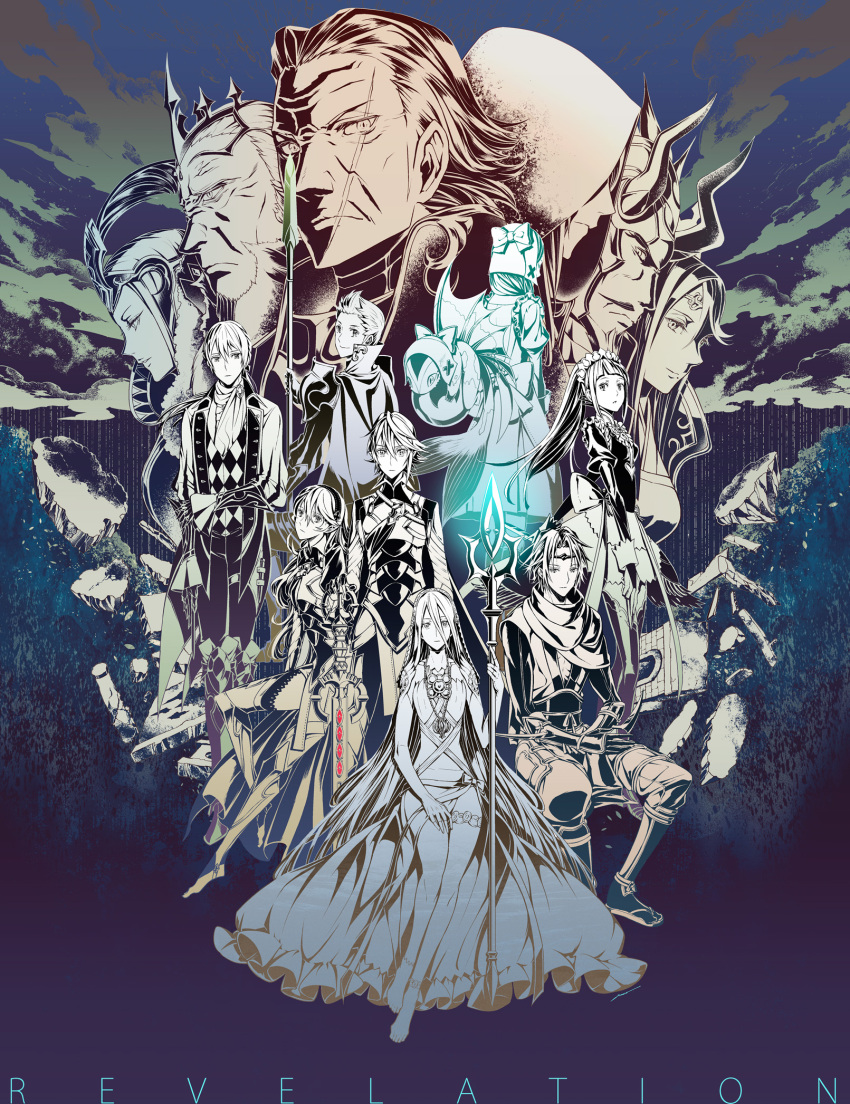 amatari_sukuzakki, anankos, anklet, apron, aqua_(fire_emblem_if), armor, back, bangs, barefoot, barefoot_sandals, beard, bow, butler, cape, circlet, clouds, crown, crystal_ball, cyrus_(fire_emblem_if), dagger, dragon, dress, facial_hair, feathers, felicia_(fire_emblem_if), fingerless_gloves, fire_emblem, fire_emblem_if, garon_(fire_emblem_if), gloves, gunter_(fire_emblem_if), hair_between_eyes, helmet, highres, hood, hoodie, jewelry, joker_(fire_emblem_if), lilith_(fire_emblem_if), long_hair, low_ponytail, maid, maid_apron, maid_headdress, md5_mismatch, mikoto_(fire_emblem_if), monochrome, multiple_boys, multiple_girls, mustache, my_unit_(fire_emblem_if), open_mouth, pointy_ears, polearm, ponytail, rock, scar, scarf, shenmei_(fire_emblem_if), sitting, spear, sumeragi_(fire_emblem_if), suzukaze_(fire_emblem_if), sword, very_long_hair, weapon