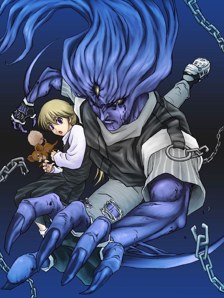 animal, baoh, baoh_raihousha, blonde_hair, blue_hair, chain, fingerless_gloves, gloves