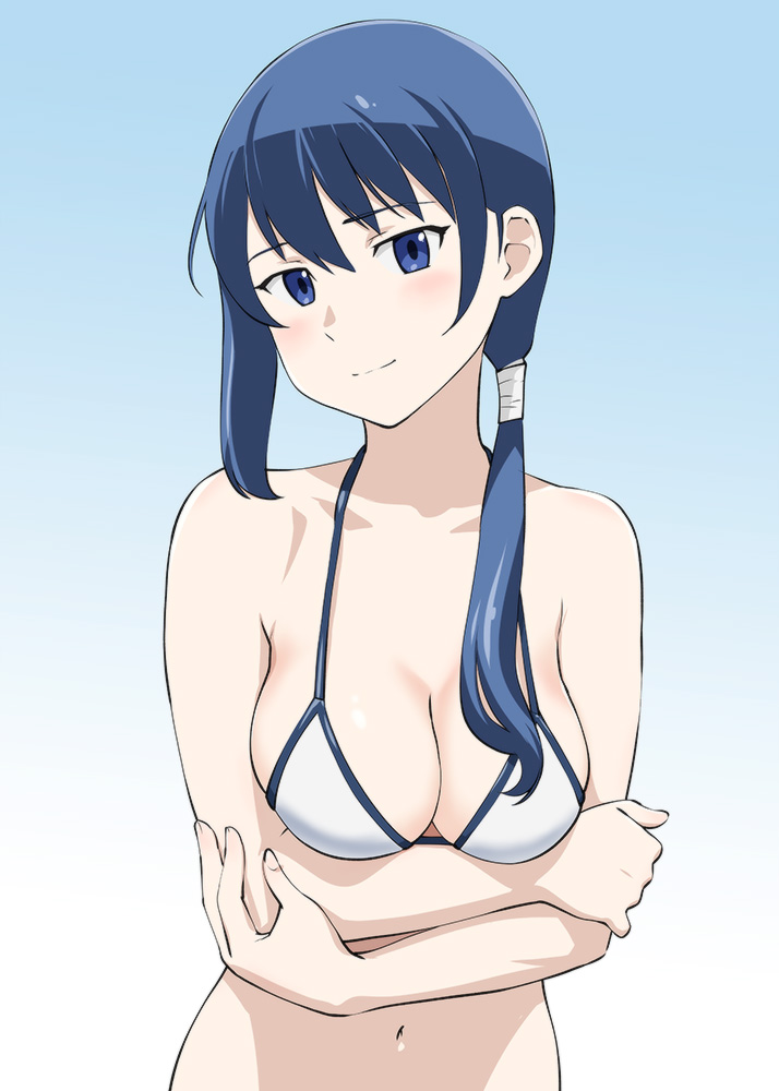 1girl, bikini_top, blue_eyes, blue_hair, breasts, cleavage, hai_to_gensou_no_grimgar, long_hair, merry_(grimgar), navel, ponytail, solo, ueyama_michirou, upper_body