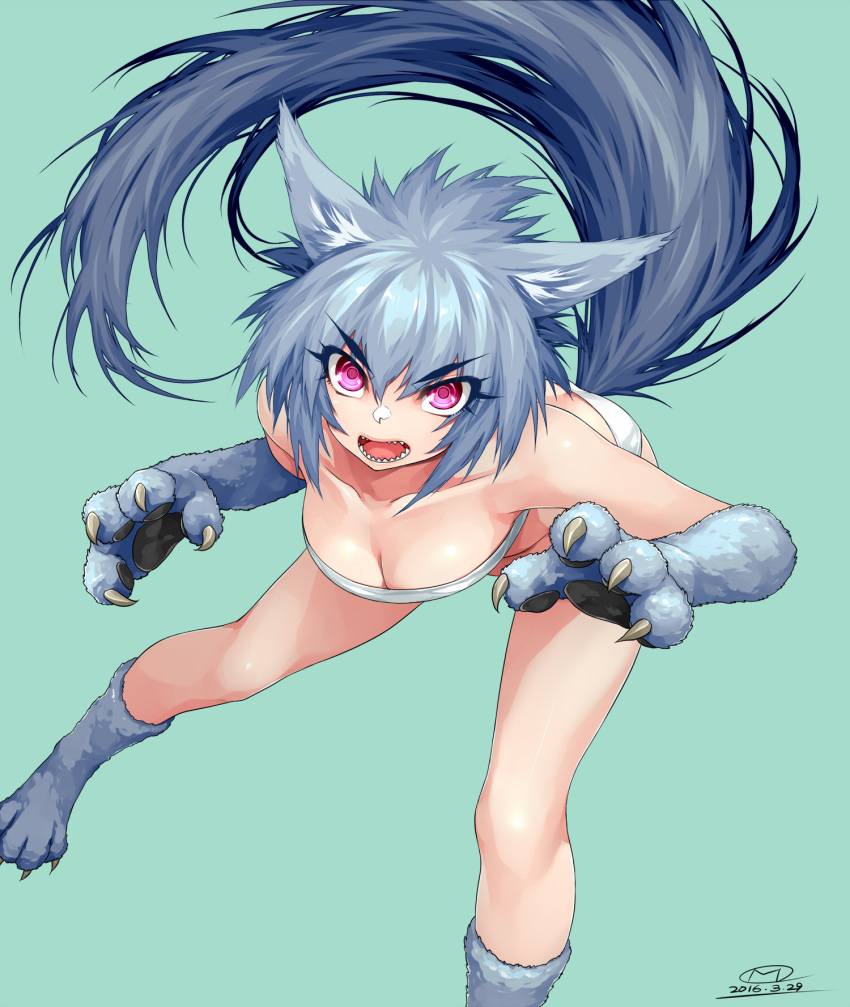 1girl, 2016, animal_ears, bangs, bare_shoulders, bent_over, boots, breasts