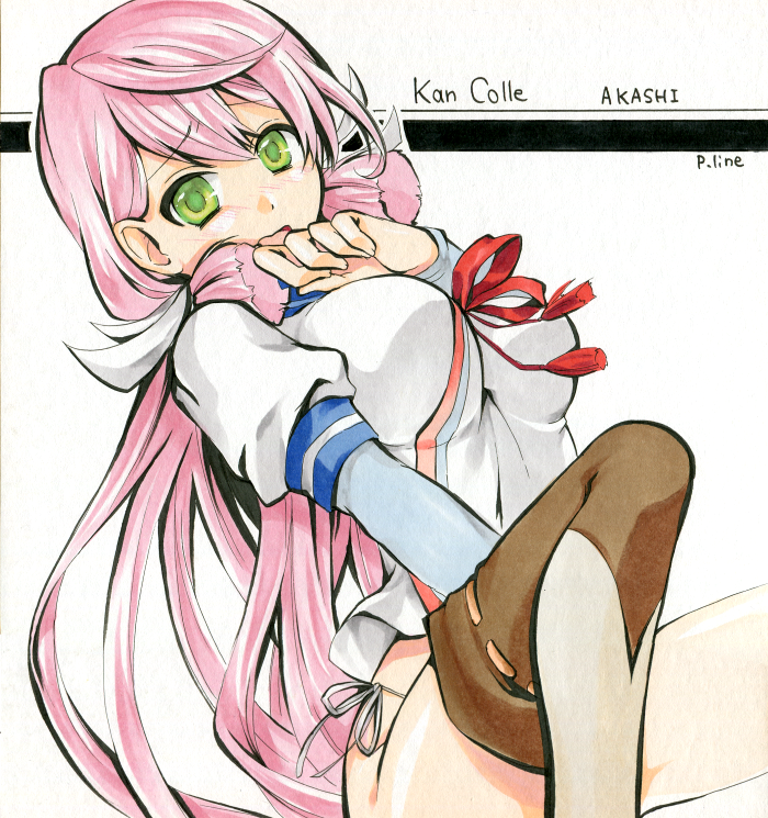 1girl, akashi_(kantai_collection), breasts, green_eyes, hair_ribbon, kantai_collection, long_hair, long_sleeves