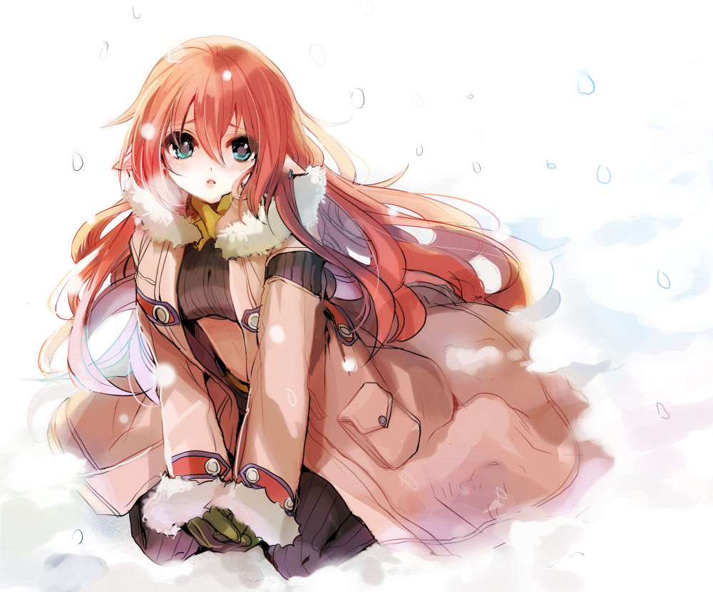 1girl, bangs, blue_eyes, blush, coat, earrings, fur_trim, gloves