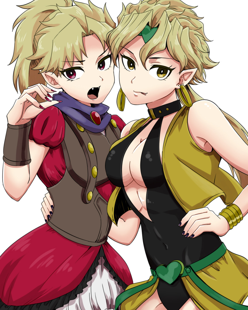 arm_around_waist, birthmark, blonde_hair, breasts, cleavage, dio_brando, dress, dual_persona