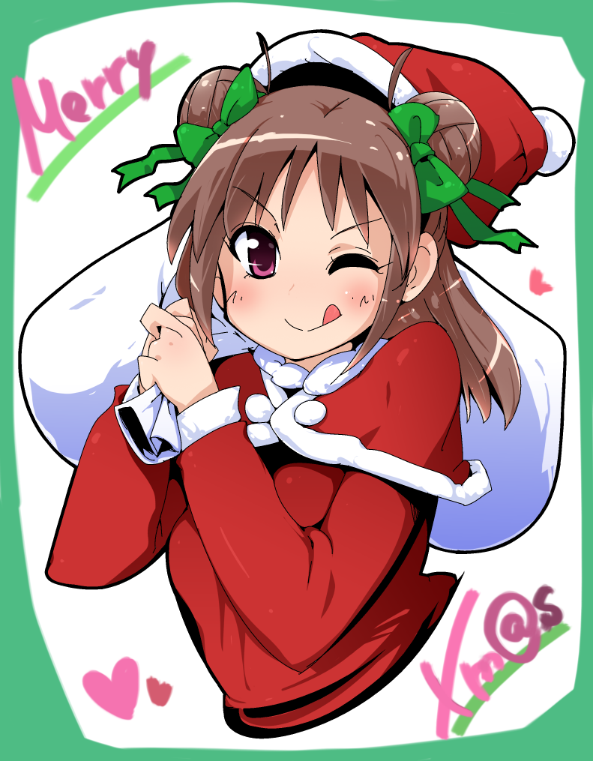 1girl, :p, blush, bow, brown_hair, christmas, double_bun, hat