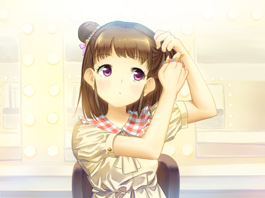 1girl, adjusting_hair, brown_hair, double_bun, dress, highres, idolmaster, idolmaster_cinderella_girls