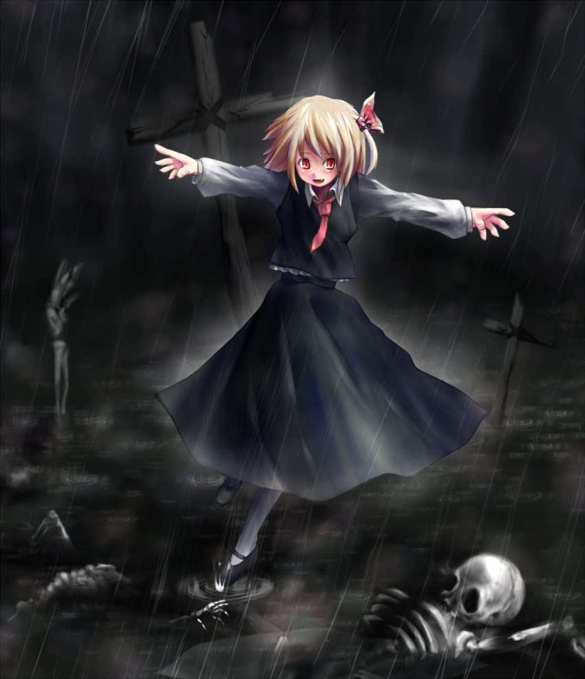 bad_id, blonde_hair, bone, bones, cross, fang, hair_ribbon, hakumare