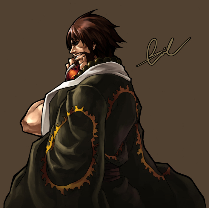 1boy, artist_name, back, beard, brown_background, brown_hair, evilgun, facial_hair