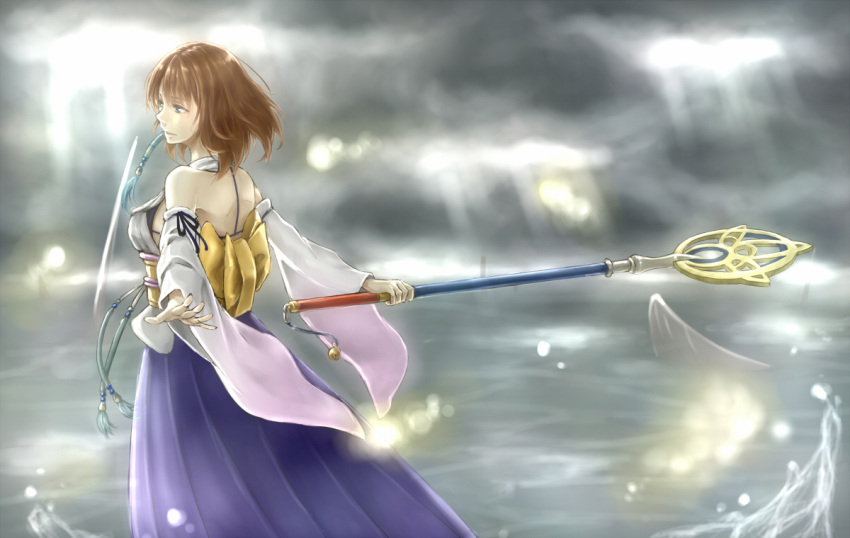 1girl, au, breasts, brown_hair, detached_sleeves, final_fantasy, final_fantasy_x, hair_ornament
