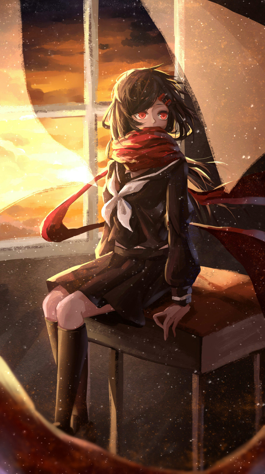 1girl, black_hair, hair_ornament, hairclip, highres, kagerou_project, long_hair, muye