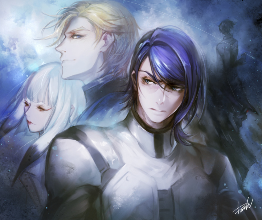 1girl, 3boys, 4boys, bangs, black_hair, blonde_hair, blue_eyes, blunt_bangs