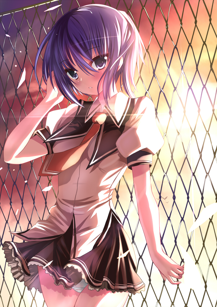 blush, chainlink_fence, fence, necktie, petals, purple_hair, school_uniform, wind