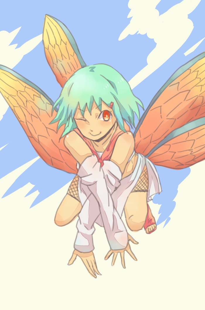 1girl, aqua_hair, fuu_(naruto), hair_ornament, hairclip, insect_wings, midriff, mizuto_(o96ap)