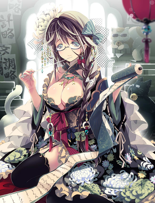 1girl, animal, bell, bow, braid, breasts, cat, cleavage