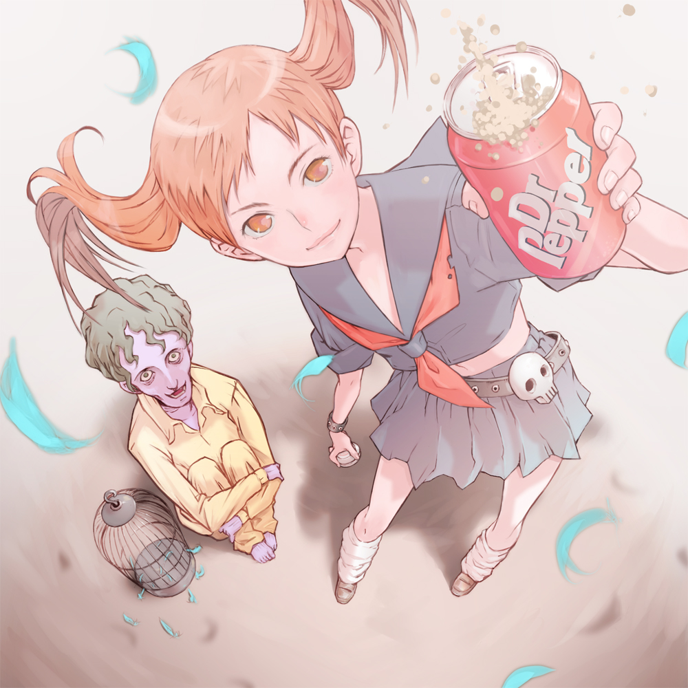 brown_hair, cage, can, cola, dr_pepper, from_above, jpy, loose_socks