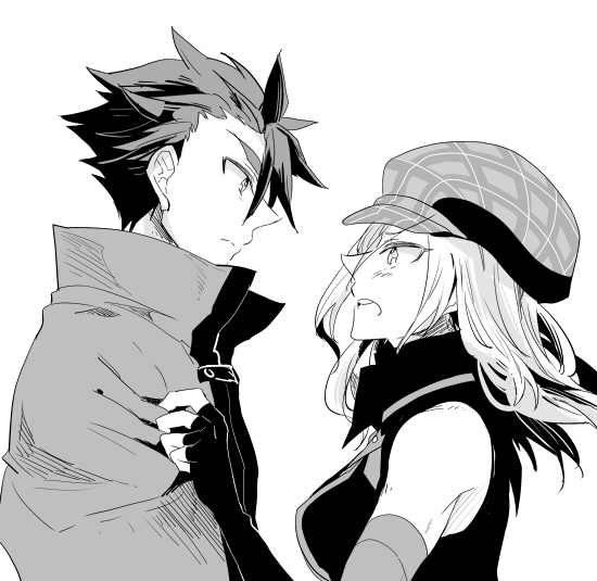 1boy, 1girl, alisa_ilinichina_amiella, black_hair, blush, cabbie_hat, close-up, elbow_gloves