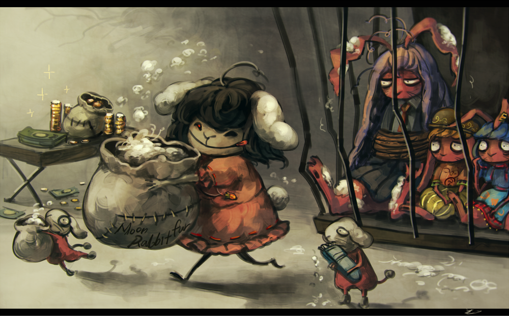 4girls, animal_ears, bag, bound, bunny_tail, cage, coin, commentary
