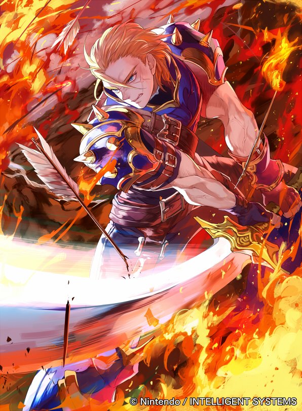 1boy, armor, arrow, belt, blonde_hair, blue_eyes, company_name, fingerless_gloves