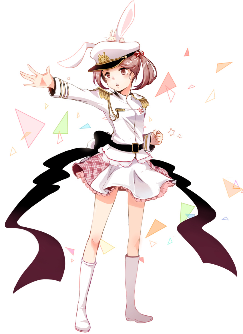1girl, animal_ears, apron, belt, blazer, boots, bunny_on_head, clenched_hand
