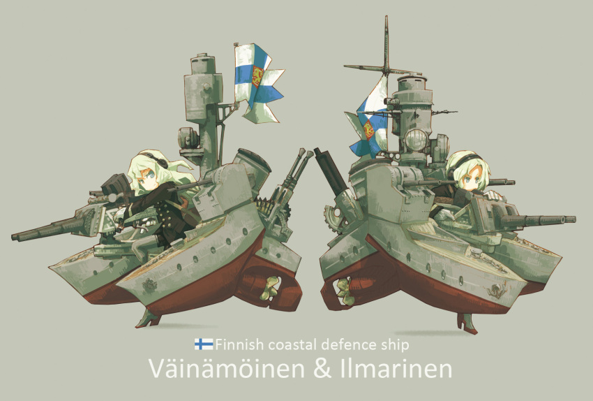 2girls, blonde_hair, blue_eyes, cannon, finnish, finnish_flag, grey_background, highres
