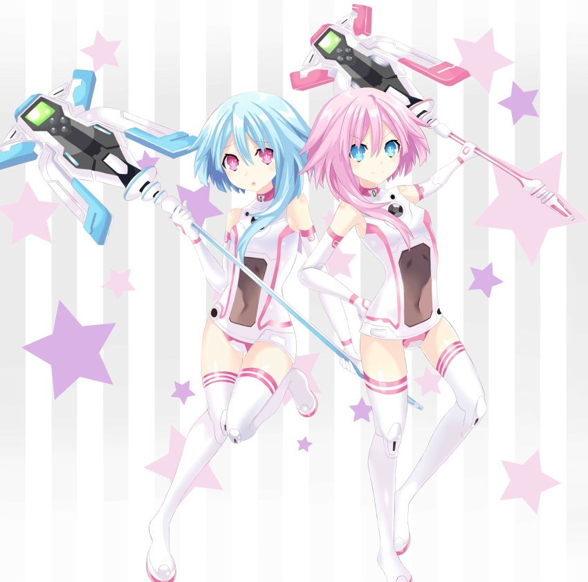 absurdres, bare_shoulders, blue_eyes, blue_hair, blush, breasts, choujigen_game_neptune, choujigen_game_neptune_mk2, elbow_gloves, gloves, highres, long_hair, looking_at_viewer, multiple_girls, neptune_(series), open_mouth, pink_hair, power_symbol, ram_(choujigen_game_neptune), ramu-on@_shinon, rom_(choujigen_game_neptune), smile, symbol-shaped_pupils, white_sister_ram, white_sister_rom