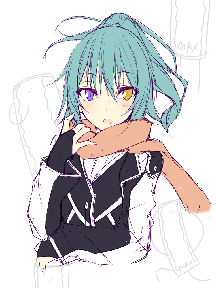 1girl, aqua_hair, commentary_request, heterochromia, original, ponytail, rebecca_arcane, scarf