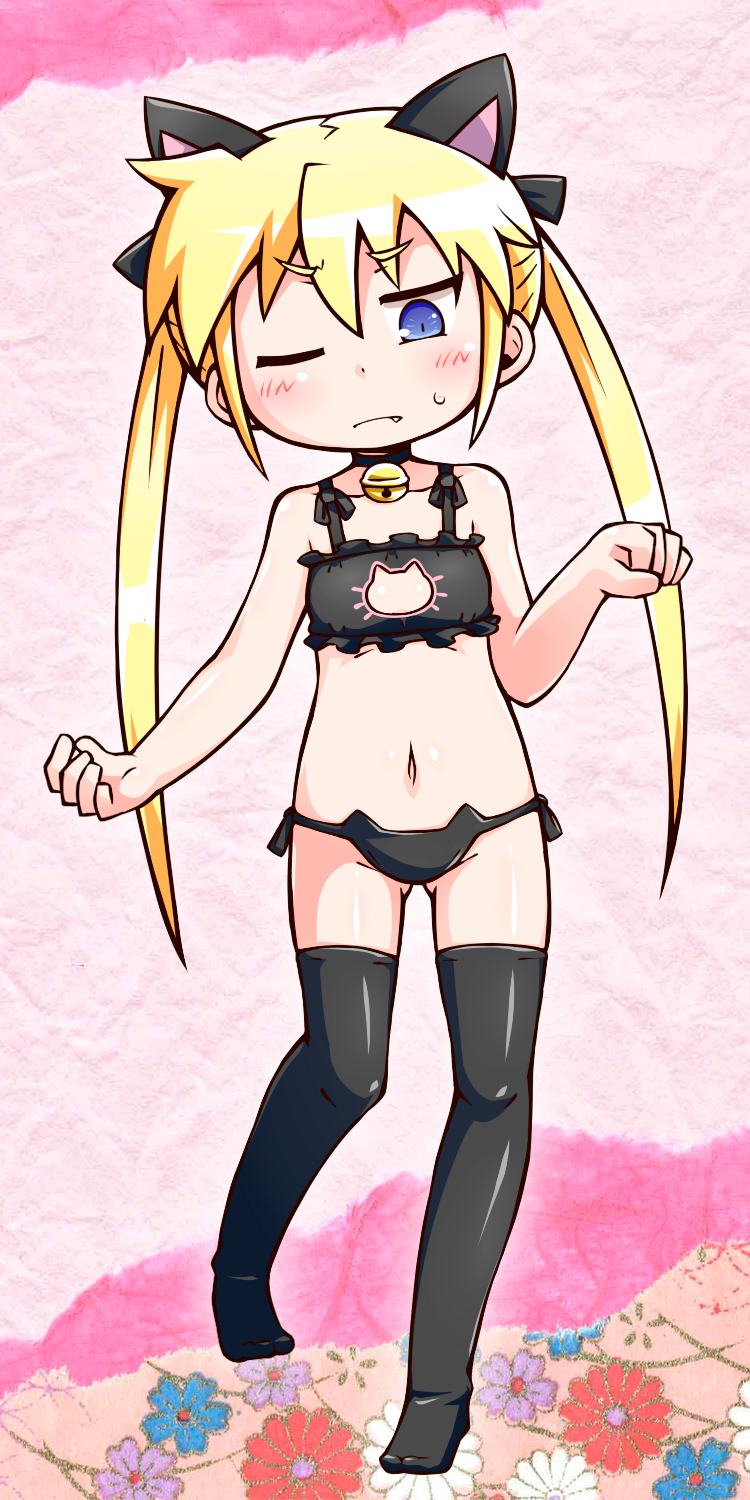 1girl, animal_ears, ass_visible_through_thighs, bell, bell_choker, bell_collar, black_bra, black_legwear, black_panties, blonde_hair, blue_eyes, bra, cat_cutout, cat_ear_panties, cat_ears, cat_lingerie, choker, cleavage_cutout, collar, commentary_request, fang, frilled_bra, frills, full_body, groin, highres, jinnouchi_akira, kill_me_baby, long_hair, navel, no_shoes, one_eye_closed, panties, paw_pose, side-tie_panties, solo, sonya_(kill_me_baby), stomach, thigh-highs, twintails, underwear