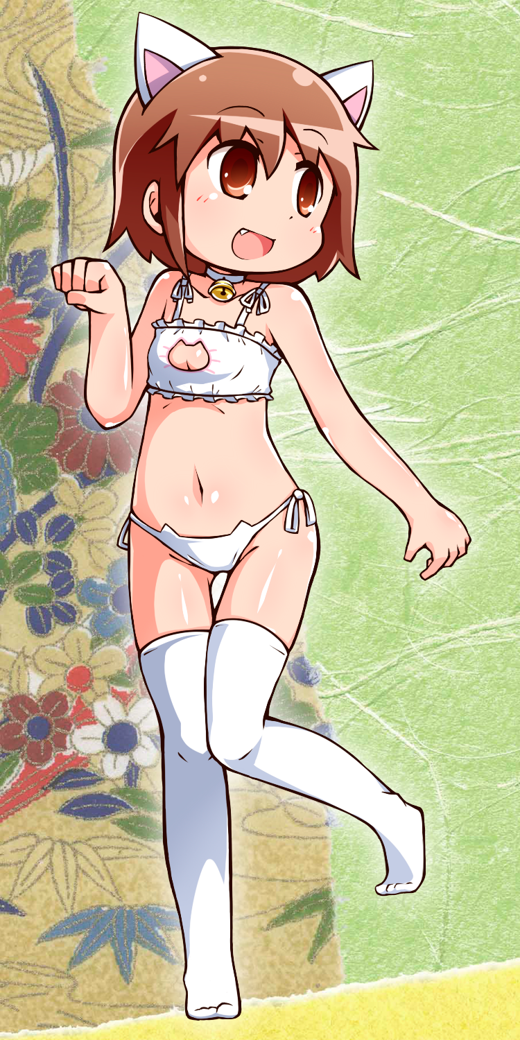 1girl, :d, animal_ears, bell, bell_choker, bra, brown_eyes, brown_hair