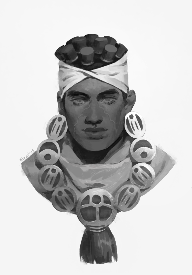 1boy, artist_name, earrings, face, facial_mark, greyscale, headband, jewelry, jojo_no_kimyou_na_bouken, kloysius, male_focus, mohammed_avdol, monochrome, signature, solo