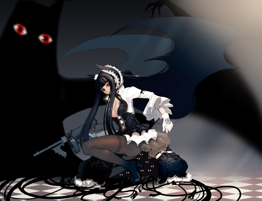 breasts, checkerboard, checkered, checkered_floor, cleavage, dark, girlycard, gloves, gothic, gun, highres, horns, kneeling, long_hair, original, pantyhose, pointy_ears, red_eyes, skirt, submachine_gun, thompson_submachine_gun, tommy_gun, tsunekun, vampire, weapon