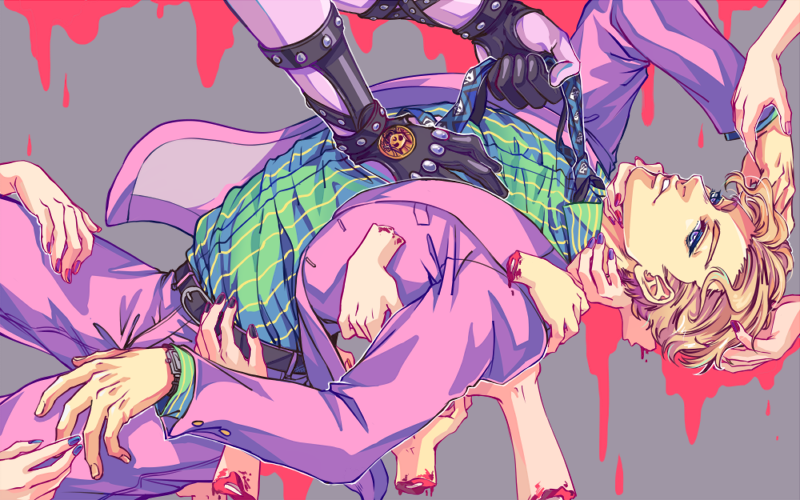 1boy, asterisque, belt, blonde_hair, blood, blue_eyes, blue_nails, formal, jojo_no_kimyou_na_bouken, killer_queen, kira_yoshikage, male_focus, nail_polish, necktie, pink_nails, severed_hand, shirt, stand_(jojo), striped, striped_shirt, suit