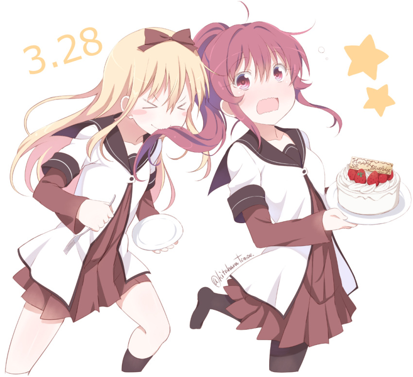 >_<, 2girls, ahoge, birthday, birthday_cake, black_legwear, blonde_hair, bow, cake, closed_eyes, collarbone, dated, food, fork, fruit, hair_bow, hair_in_mouth, hair_intakes, happy_birthday, kitahara_tomoe_(kitahara_koubou), mouth_hold, multiple_girls, no_shoes, open_mouth, pantyhose, plate, ponytail, purple_hair, school_uniform, serafuku, smile, socks, strawberry, sugiura_ayano, toshinou_kyouko, twitter_username, violet_eyes, wavy_mouth, x), yuru_yuri