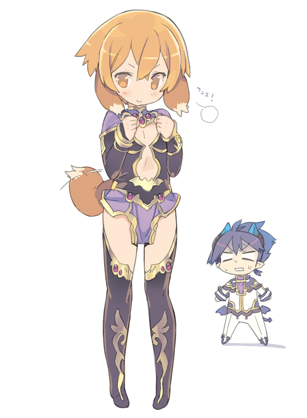 2boys, :>, animal_ears, blade_(galaxist), blue_hair, blush, boots, brown_hair, chibi, crossdressinging, demon_boy, demon_tail, demon_wings, dog_ears, dog_tail, empty_eyes, horns, male_focus, mini_wings, multiple_boys, pointy_ears, pop-up_story, shaded_face, short_hair, skirt, sweatdrop, tail, tail_wagging, thigh-highs, thigh_boots, wings, yuri_ressen, zettai_ryouiki, ziz_glover