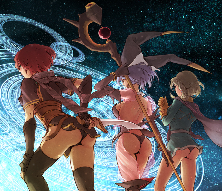 3girls, ass, back, backless_outfit, bangle, bare_back, black_gloves, black_legwear, black_panties, blonde_hair, bracelet, breasts, brown_gloves, cape, celine_jules, dagger, earrings, elbow_gloves, facing_away, fingerless_gloves, fingernails, from_behind, gloves, hand_on_own_knee, hat, highres, hoel, holding, holding_staff, holding_weapon, ilia_silvestri, jester_cap, jewelry, leaning_forward, magic_circle, miniskirt, multiple_girls, nape, nel_zelpher, no_bra, no_pants, panties, purple_hair, redhead, revealing_clothes, scarf, see-through, shirt, short_hair, shoulder_blades, sideboob, skirt, staff, star, star_(sky), star_ocean, star_ocean_blue_sphere, star_ocean_first_departure, star_ocean_the_second_story, star_ocean_till_the_end_of_time, starry_background, thigh-highs, thong, underwear, weapon, wind