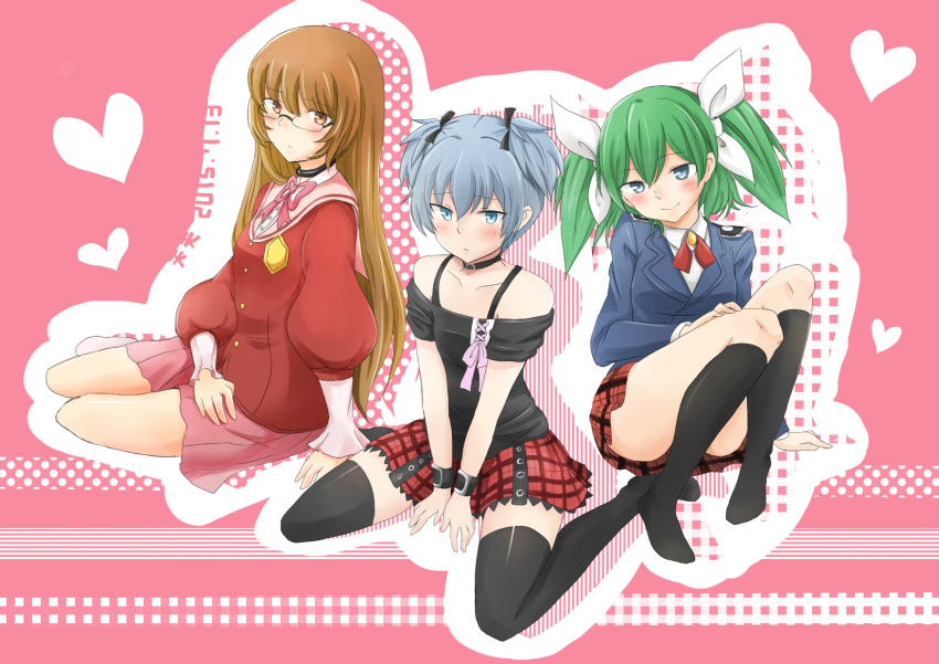 3boys, ansatsu_kyoushitsu, arm_support, black_blouse, black_legwear, blazer, blue_eyes, blue_hair