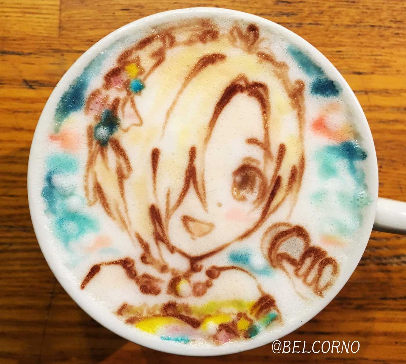 1girl, asymmetrical_hair, bare_shoulders, belcorno, blonde_hair, blush, brown_eyes, coffee, coffee_cup, cream, dress, frills, hair_over_one_eye, hairband, highres, holding_microphone, idolmaster, idolmaster_cinderella_girls, jewelry, latte_art, necklace, pearl_necklace, photo, shirasaka_koume, solo, strapless, strapless_dress, table, upper_body, yellow_dress
