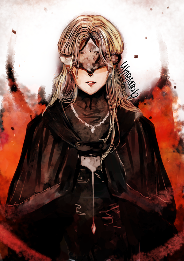 black_clothes, cloak, covered_eyes, dark_souls_3, fire_keeper, jewelry, long_hair, mask