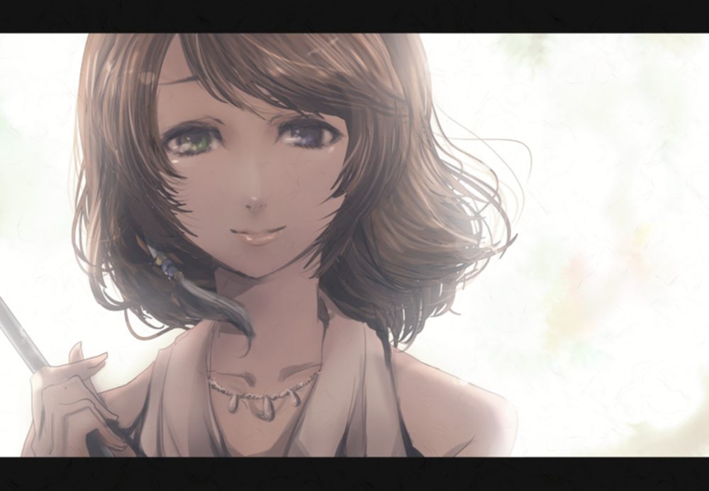1girl, blue_eyes, brown_hair, detached_sleeves, final_fantasy, final_fantasy_x, green_eyes, heterochromia