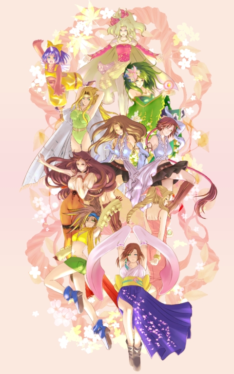 aerith_gainsborough, ass, bikini, blonde_hair, braid, breasts, brown_hair, celes_chere