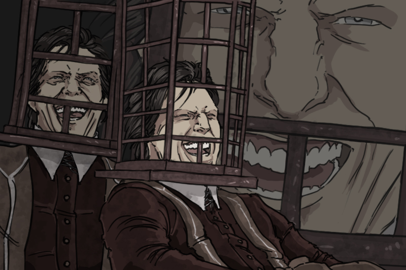 1boy, black_hair, bloodborne, buttons, cage, collar, dress_shirt, grey_eyes, headgear, laughing, meme, menaslg, micolash_host_of_the_nightmare, open_mouth, shirt, teeth, tom_cruise