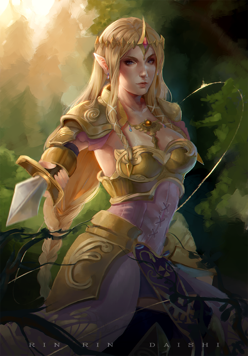 1girl, armor, armored_dress, blonde_hair, blue_eyes, braid, breasts, cleavage, dagger, gloves, highres, jewelry, long_hair, pointing_sword, pointy_ears, princess_zelda, realistic, rinrindaishi, solo, sword, tiara, very_long_hair, weapon, zelda_musou