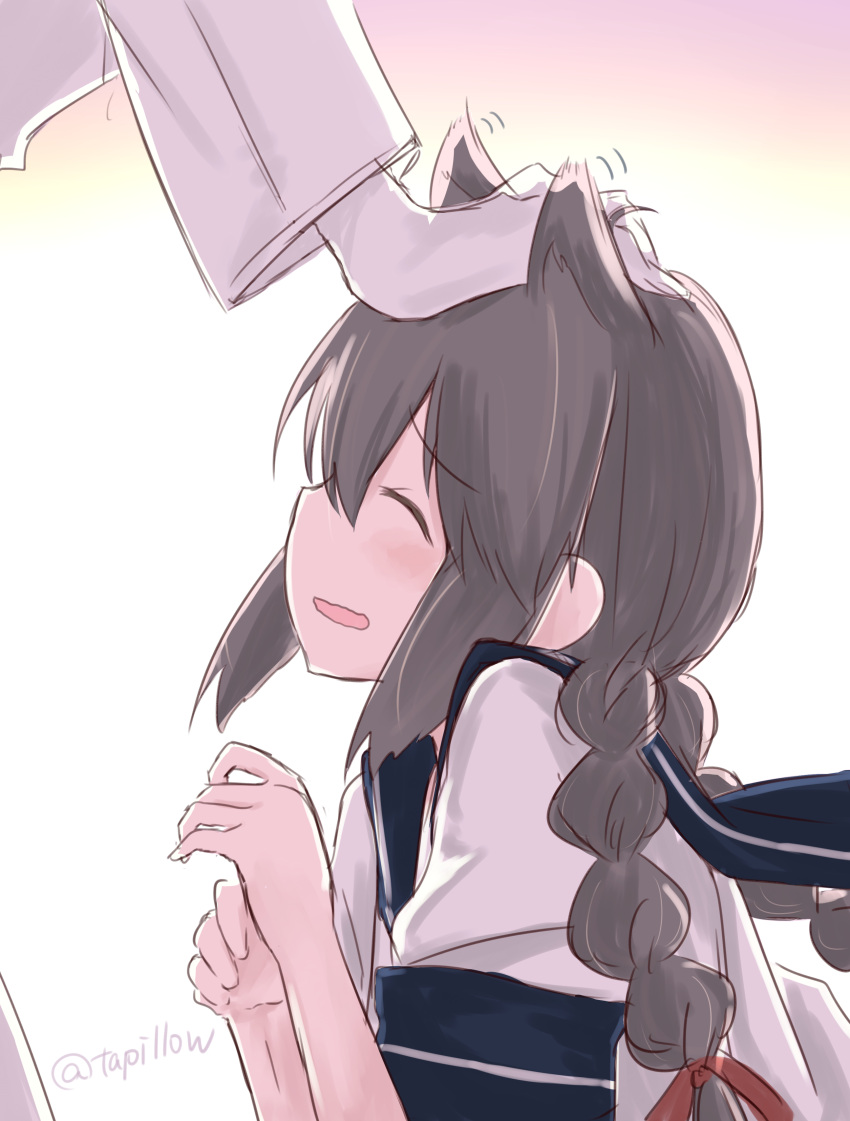 1girl, absurdres, animal_ears, black_hair, braid, closed_eyes, from_side, hair_ribbon