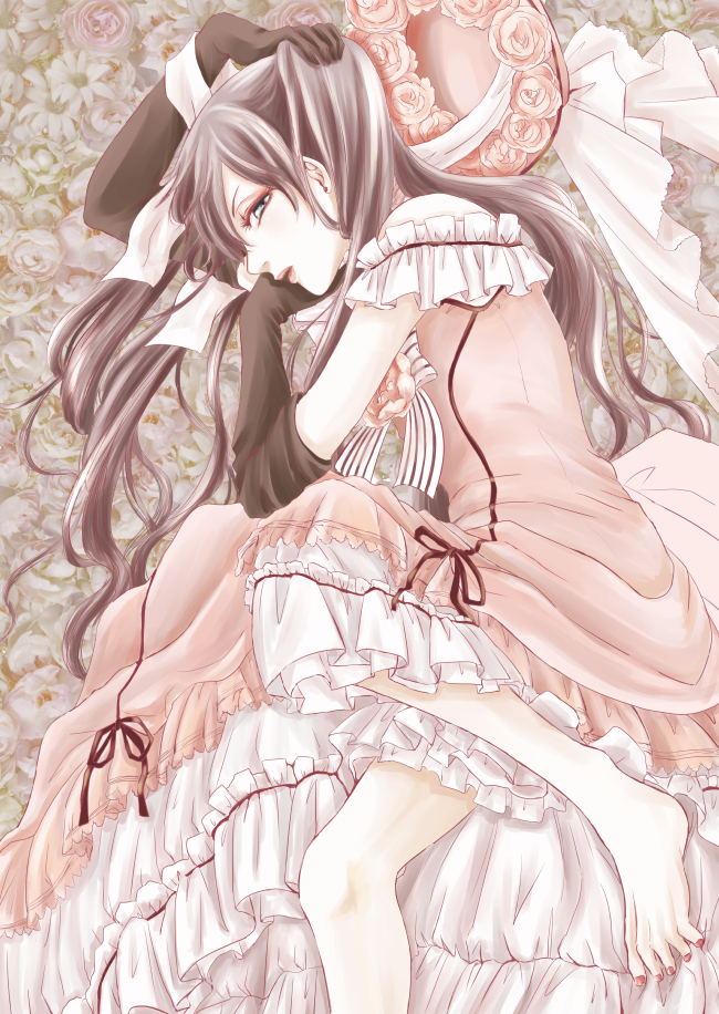 1boy, barefoot, black_gloves, blue_eyes, ciel_phantomhive, crossdressinging, dress, emi