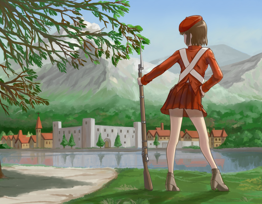 1girl, adapted_uniform, bayonet, beret, blurry, brown_hair, church, depth_of_field
