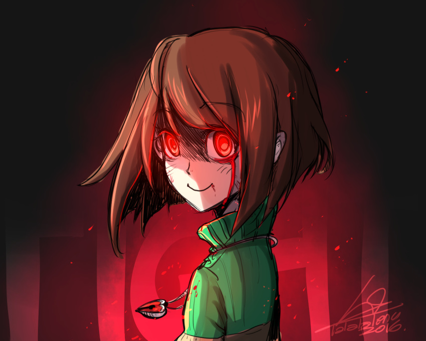 2016, androgynous, artist_name, blood, bloody_tears, brown_hair, chara_(undertale), closed_mouth